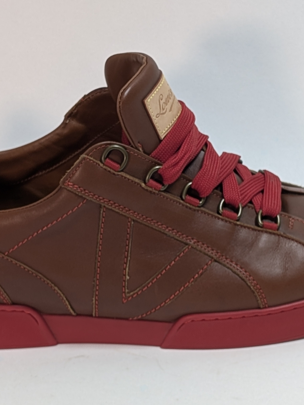 Louis Vuitton Brown Leather Sneakers with Red Accents